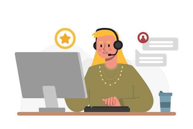 Vecteur une femme souriante consultant un client travaillant dans un centre d'appels consultation téléphonique appui par appels vidéo