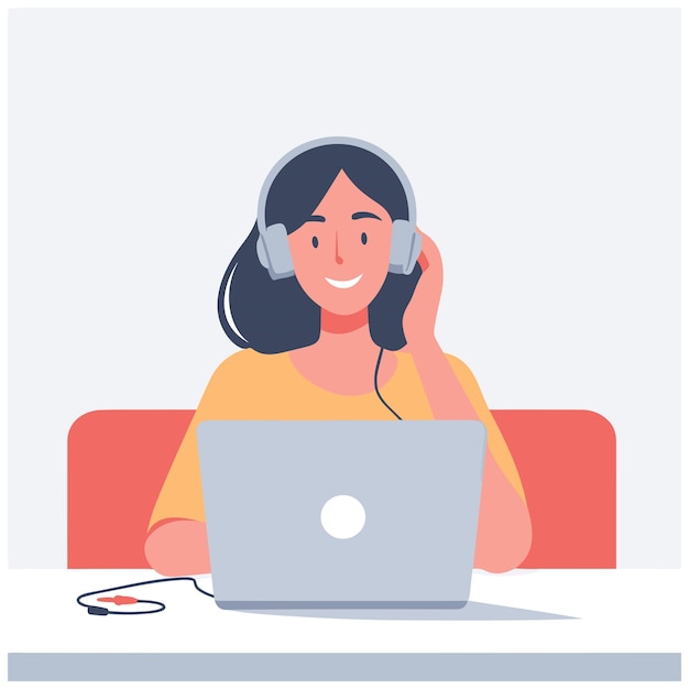 femme souriante écoutant de la musique assise au bureau avec son illustration d'ordinateur portable