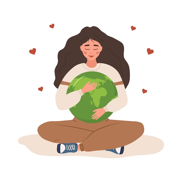 Une femme souriante embrasse la planète Terre avec soin et amour Prendre soin de la nature et de l'environnement Concept de sensibilisation écologique Faire un jour quotidien de la terre Illustration vectorielle dans le style de dessin animé plat