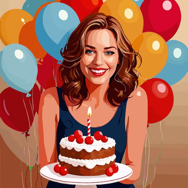 Vecteur une femme souriante fête son anniversaire avec un gâteau et des ballons illustration vectorielle