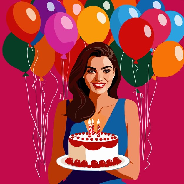 Une Femme Souriante Fête Son Anniversaire Avec Un Gâteau Et Des Ballons Illustration Vectorielle