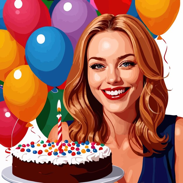 Vecteur une femme souriante fête son anniversaire avec un gâteau et des ballons illustration vectorielle