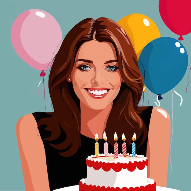 Vecteur une femme souriante fête son anniversaire avec un gâteau et des ballons illustration vectorielle