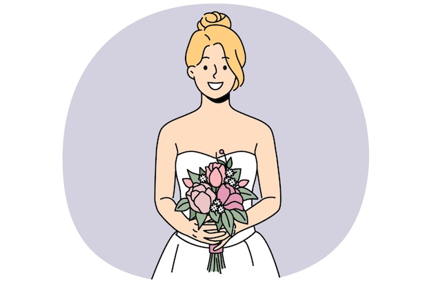 Femme souriante en robe de mariée et bouquet de mariée