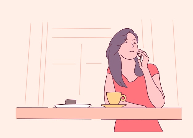 Femme Souriante Se Lève Et Parle Au Téléphone Dessiné à La Main