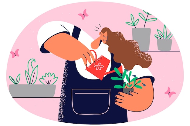 Vecteur femme souriante en tablier arrosant des fleurs et des plantes en serre une femme heureuse prend soin des plantes d'intérieur à l'intérieur passe-temps et jardinage illustration vectorielle