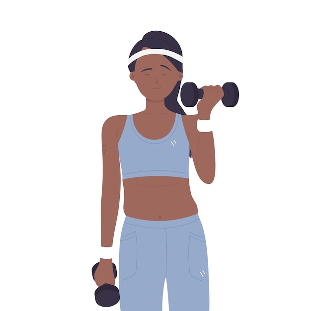 Vecteur femme de sport avec haltères fitness entraînement exercice programme illustration vectorielle