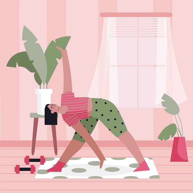 Femme sportive debout sur un tapis et s'étirant dans l'appartement Concept d'entraînement à domicile