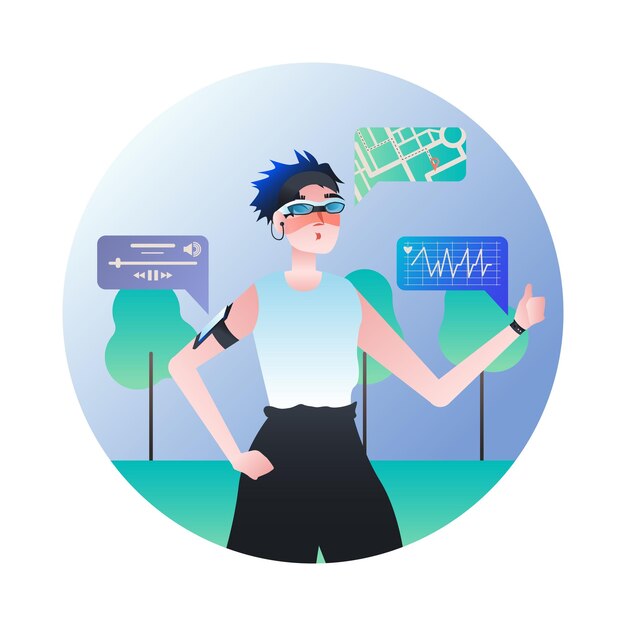 Femme sportive en lunettes modernes VR et sac à main pour smartphone regardant la carte virtuelle