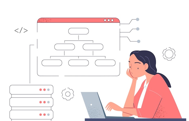 Femme avec sql doodle jeune fille avec ordinateur portable près du programmeur de code et spécialiste informatique sur le lieu de travail