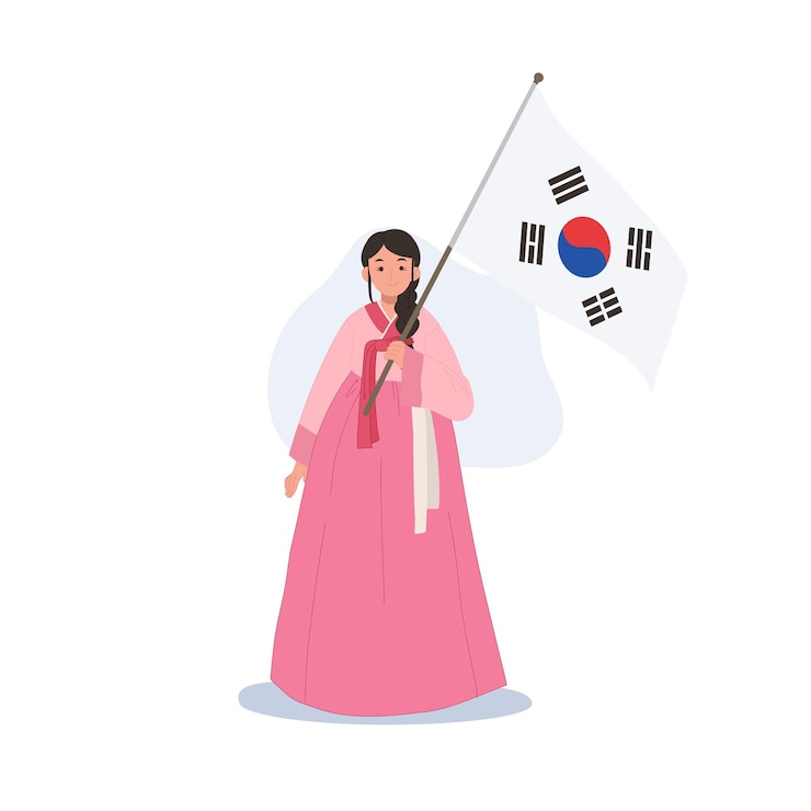 Vecteur femme sud-coréenne en costume traditionnel hanbok tenant le drapeau sud-coréen illustration vectorielle