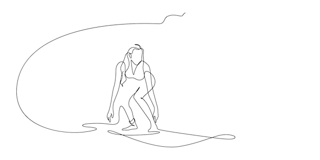 Femme Surfeur à Cheval Sur L'illustration De L'art De La Ligne De Planche De Surf