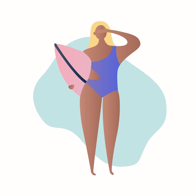 Vecteur femme surfeur en maillot de bain avec planche de surf dans ses mains sports nautiques vacances tropicales d'été