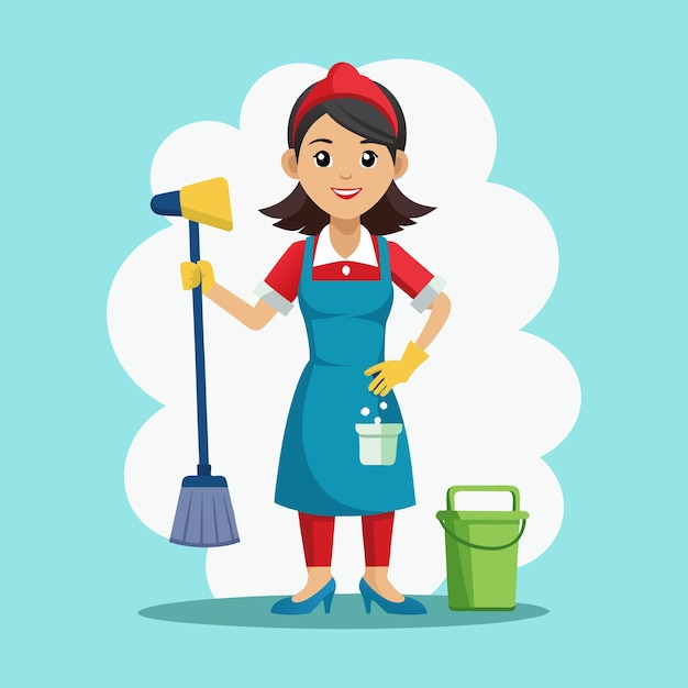 une femme avec un tablier bleu et un seau de peinture