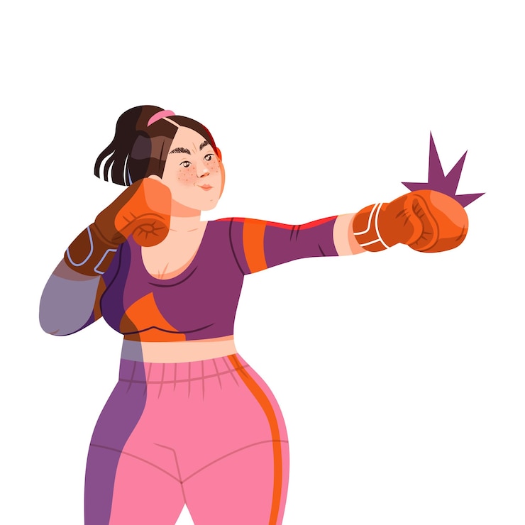 Vecteur une femme tachetée avec une queue de cheval portant des gants de boxe lançant une illustration vectorielle de coup de poing