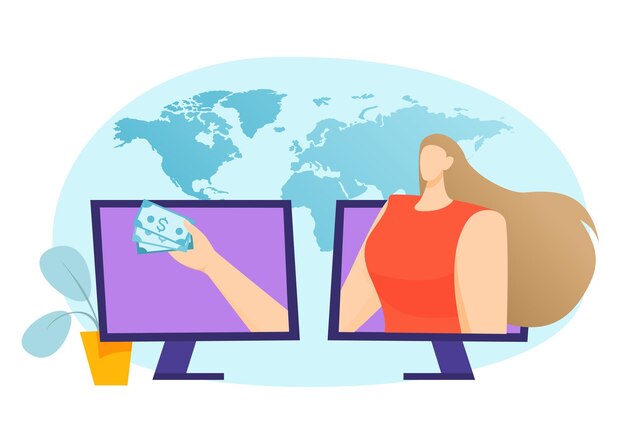 Vecteur femme de technologie de transfert en ligne d'affaires internet effectuer un paiement numérique dans le vecteur informatique