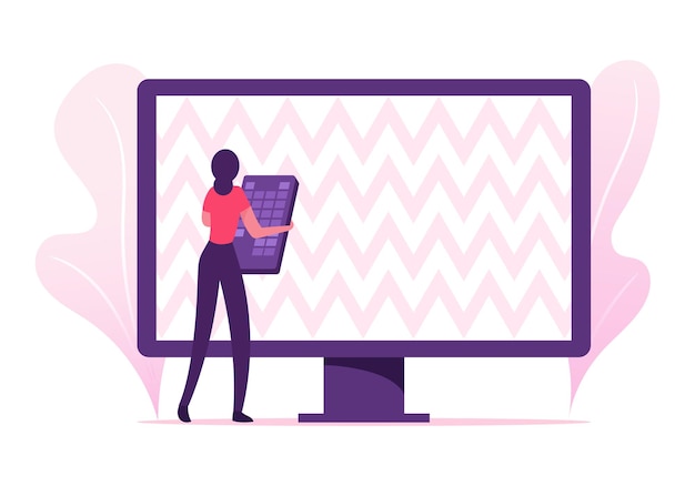 Femme avec télécommande essayant de configurer des programmes de télévision. Illustration plate de dessin animé