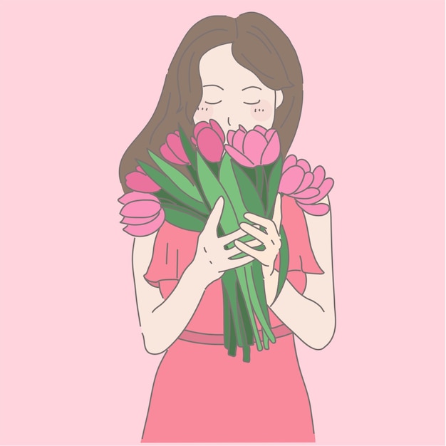 Femme Tenant Un Bouquet De Tulipes Dans Le Style D'illustrations Romantiques Sombres Rose Clair Dessin Animé