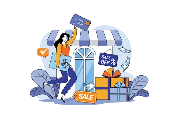 Femme tenant des cadeaux et des chèques-cadeaux