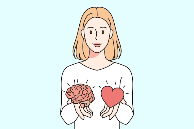 Vecteur femme tenant le coeur et le cerveau