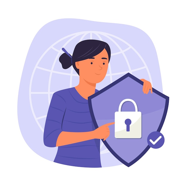 Vecteur femme tenant un cyber-bouclier de cryptage avec le symbole de cadenas pour l'illustration du concept de cybersécurité