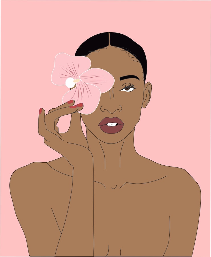 Vecteur femme tenant une fleur femme dessinant beauté femme noire femme illustration dessin de traitement facial