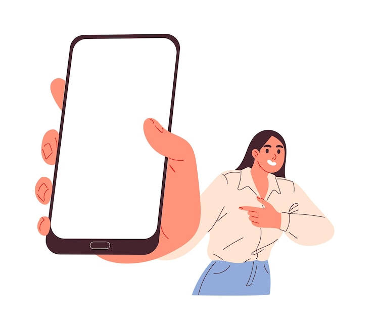Vecteur une femme tenant un grand smartphone avec un écran vide à la main