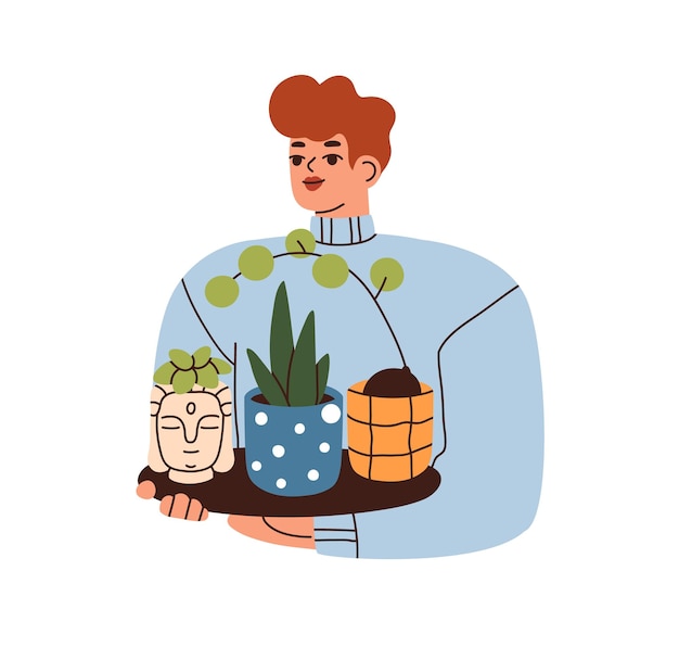 Femme Tenant Des Plantes D'intérieur En Pot Sur Un Plateau Dans Les Mains. Femme, Portrait D'amoureux Des Plantes. Personne Heureuse Avec Des Succulentes De Maison Verte Dans Des Pots De Fleurs. Illustration Vectorielle Plane Isolée Sur Fond Blanc