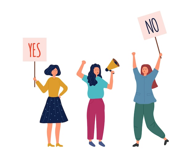 Femme tenant des plaques d'information. Oui pas de banderoles, protestation et choix accepté ou négatif et positif. Démonstration de filles ou illustration vectorielle de vote. Manifestation de femme, campagne politique militante