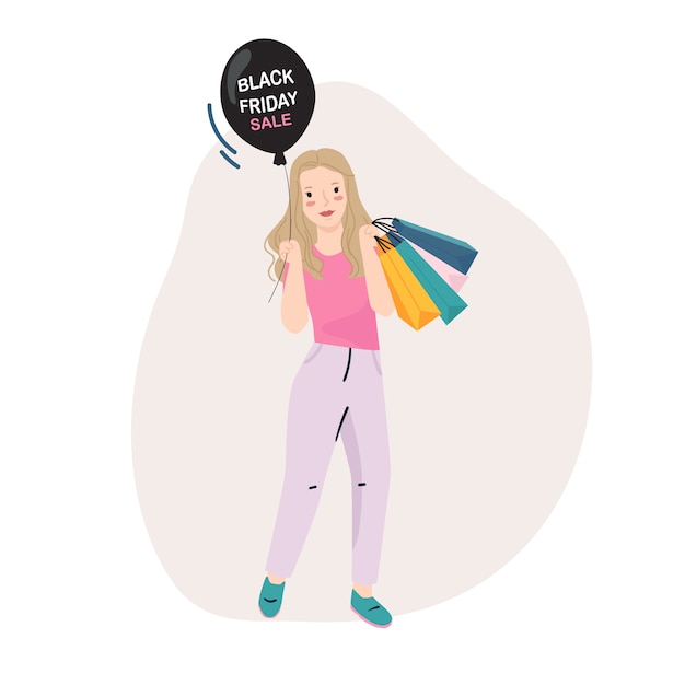 femme tenant un sac à provisions et vente vendredi noir ballon illustration plate