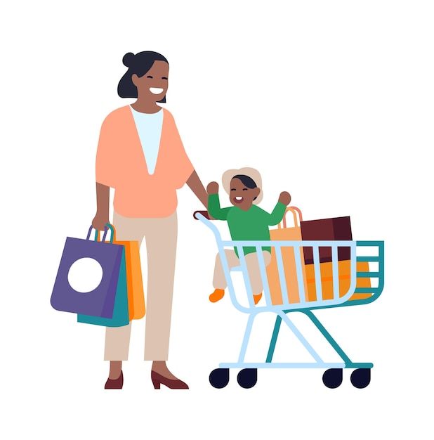 Femme Tenant Des Sacs En Papier Et Un Panier Avec Un Enfant. Famille Heureuse En Magasin. Illustration Vectorielle