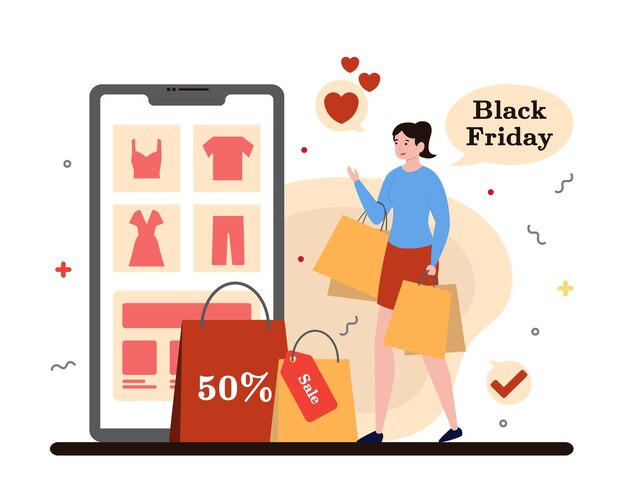 Vecteur femme tenant des sacs de shopping pour les vêtements dans la boutique en ligne black friday concept