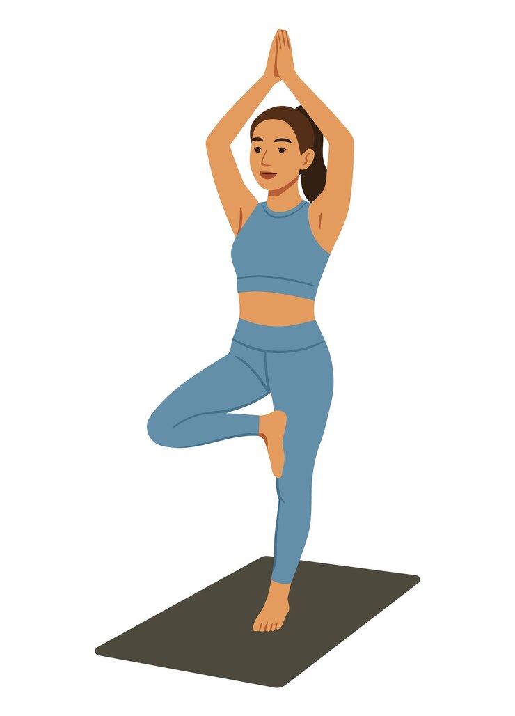 Vecteur une femme en tenue de sport bleue pratiquant la pose de l'arbre de yoga sur un tapis