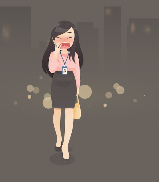 Vecteur la femme en tenue de travail bâille alors qu'elle va à la maison, heures supplémentaires, illustration vectorielle dans la conception du personnage