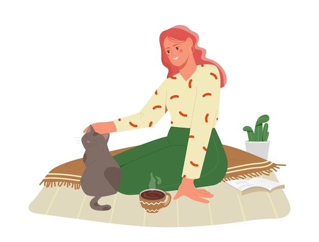 Femme Avec Thé Et Chat