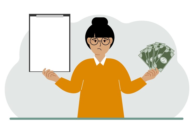 Vecteur une femme tient beaucoup de papier-monnaie dans une main et dans l'autre un presse-papiers vide pour le texte concept de bannière publicitaire ou d'affiche pour gagner ou économiser de l'argent