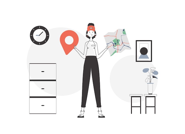 La femme tient une carte concept de livraison style linéaire à la mode