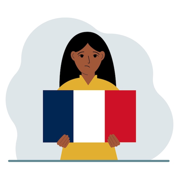 Vecteur une femme tient un drapeau français dans ses mains le concept de fête nationale de démonstration ou de patriotisme nationalité