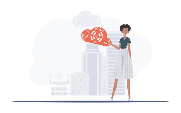 Une femme tient une icône de chose Internet dans ses mains IOT et concept d'automatisation Bon pour les présentations et les sites Web Style plat à la mode