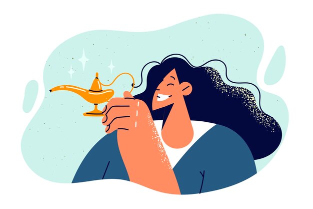 Vecteur une femme tient une lampe aladdin et veut faire un vœu ou invoquer un génie magique de contes de fées