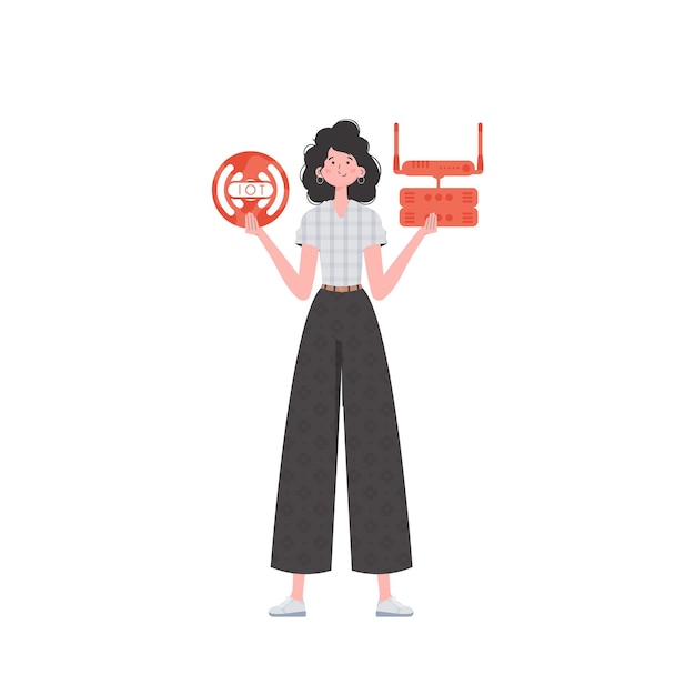 Une femme tient le logo de l'internet des objets dans ses mains Routeur et serveur Internet des objets et concept d'automatisation Style plat à la mode isolé Illustration vectorielle