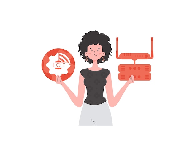 Une femme tient le logo Internet des objets dans ses mains Routeur et serveur Internet des objets concept Illustration vectorielle isolée dans un style plat branché