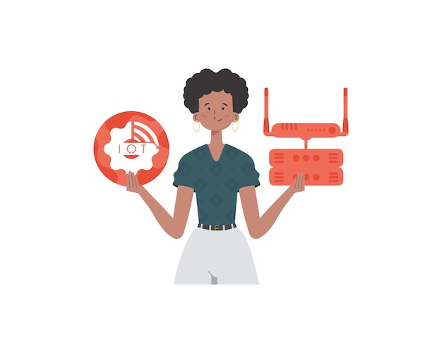 Une femme tient le logo de l'internet des objets dans ses mains Routeur et serveur Internet des objets concept Illustration vectorielle isolée dans un style plat