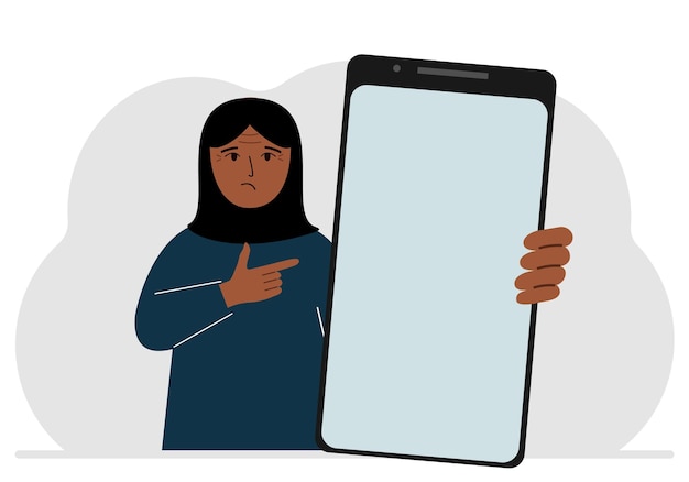 Une Femme Tient Une Maquette D'un Grand Smartphone Avec Un écran Vide Et Avec Sa Seconde Main Pointe Vers L'écran Du Téléphone Illustration Plate Vectorielle