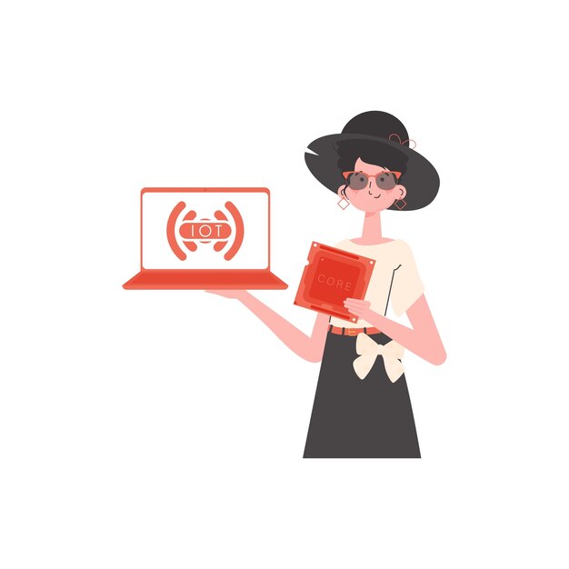 Une femme tient un ordinateur portable et une puce de processeur dans ses mains Concept IoT Isolé Illustration vectorielle de style plat à la mode