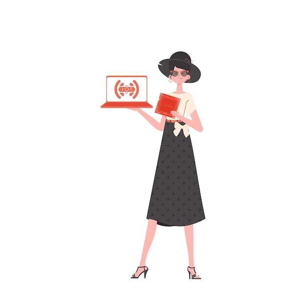 Une femme tient un ordinateur portable et une puce de processeur dans ses mains Internet des objets et concept d'automatisation Illustration vectorielle isolée dans un style plat branché