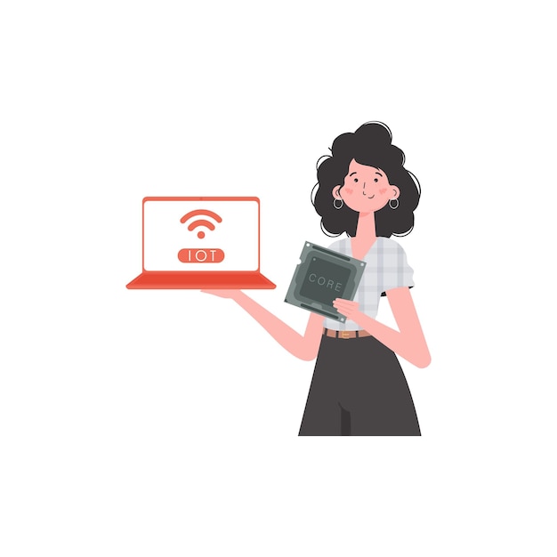 Une femme tient un ordinateur portable et une puce de processeur dans ses mains IOT et concept d'automatisation Illustration vectorielle de style plat tendance isolé