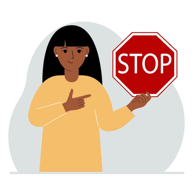 Vecteur une femme tient un panneau d'arrêt rouge dans sa main