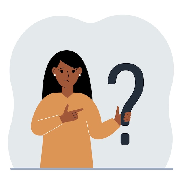 Vecteur une femme tient un symbole de point d'interrogation poser des questions et chercher des réponses faq ou concept de questions fréquemment posées centre d'assistance en ligne