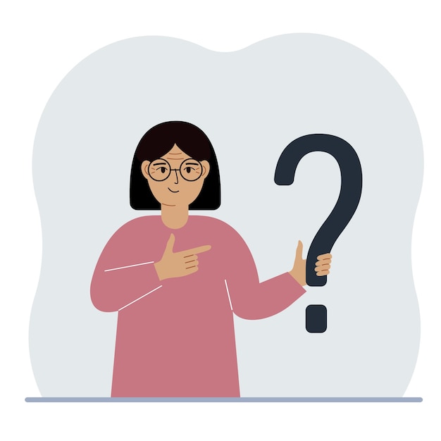 Une femme tient un symbole de point d'interrogation Poser des questions et chercher des réponses FAQ ou concept de questions fréquemment posées centre d'assistance en ligne
